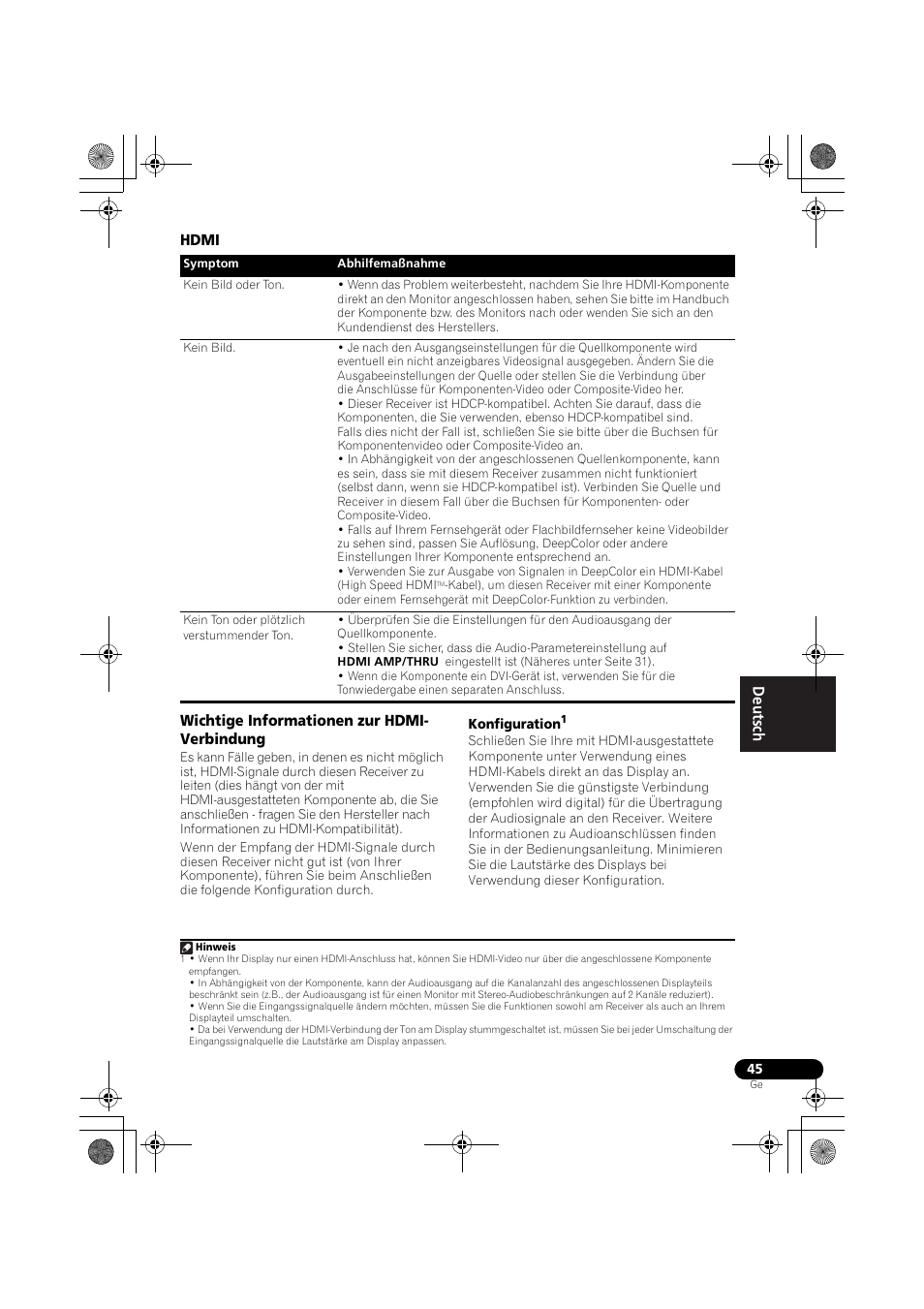 Hdmi, Wichtige informationen zur hdmi- verbindung, Hdmi wichtige informationen zur hdmi-verbindung | Pioneer VSX-519V-K User Manual | Page 91 / 188