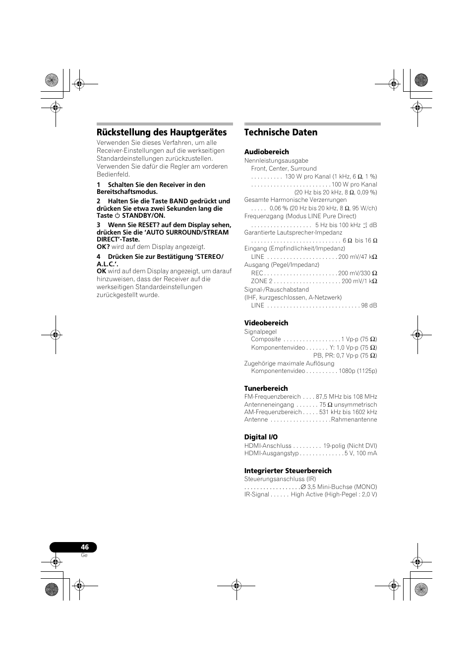 Rückstellung des hauptgerätes, Technische daten | Pioneer VSX-519V-K User Manual | Page 92 / 188