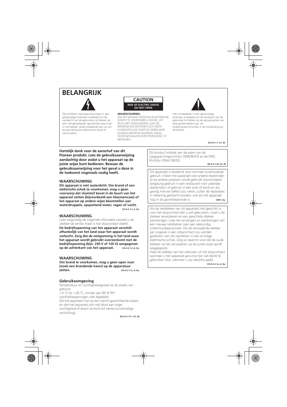 Belangrijk, Caution | Pioneer VSX-519V-K User Manual | Page 94 / 188