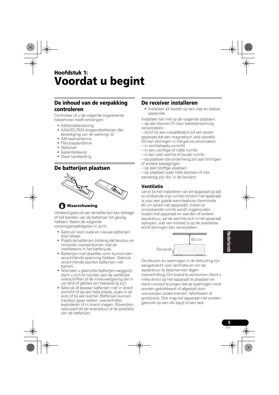 Voordat u begint, De inhoud van de verpakking controleren, De batterijen plaatsen | De receiver installeren, Ventilatie, Hoofdstuk 1 | Pioneer VSX-519V-K User Manual | Page 97 / 188