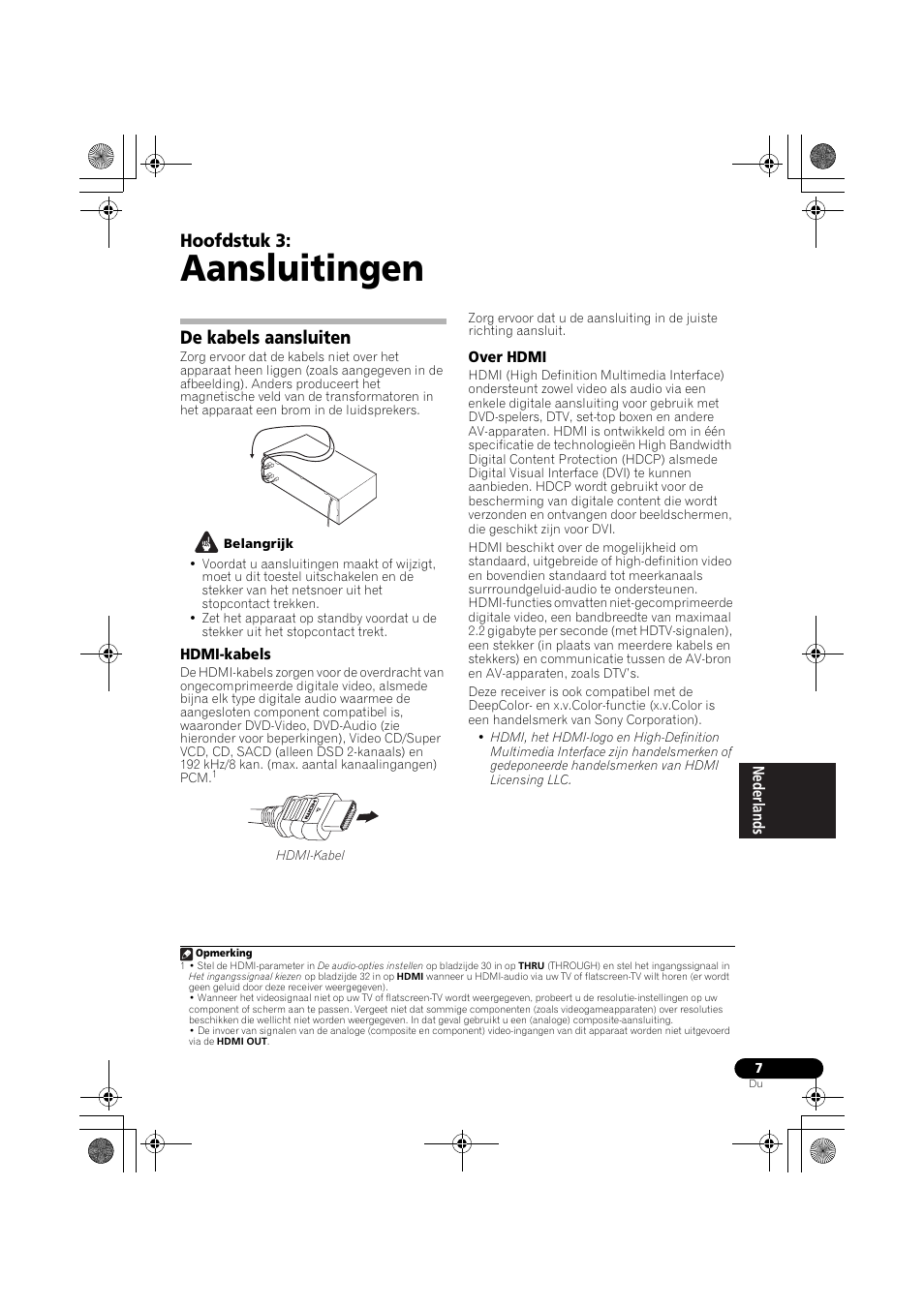 Aansluitingen, De kabels aansluiten, Hdmi-kabels | Over hdmi, Hdmi-kabels over hdmi, Hoofdstuk 3 | Pioneer VSX-519V-K User Manual | Page 99 / 188