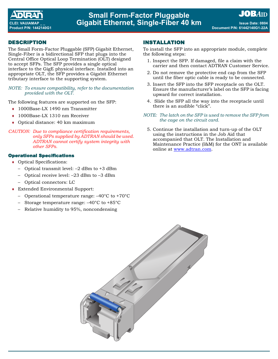 ADTRAN Gigabit Ethernet Multi-Mode Fiber Tributary Module 1184519L1 User Manual | 2 pages