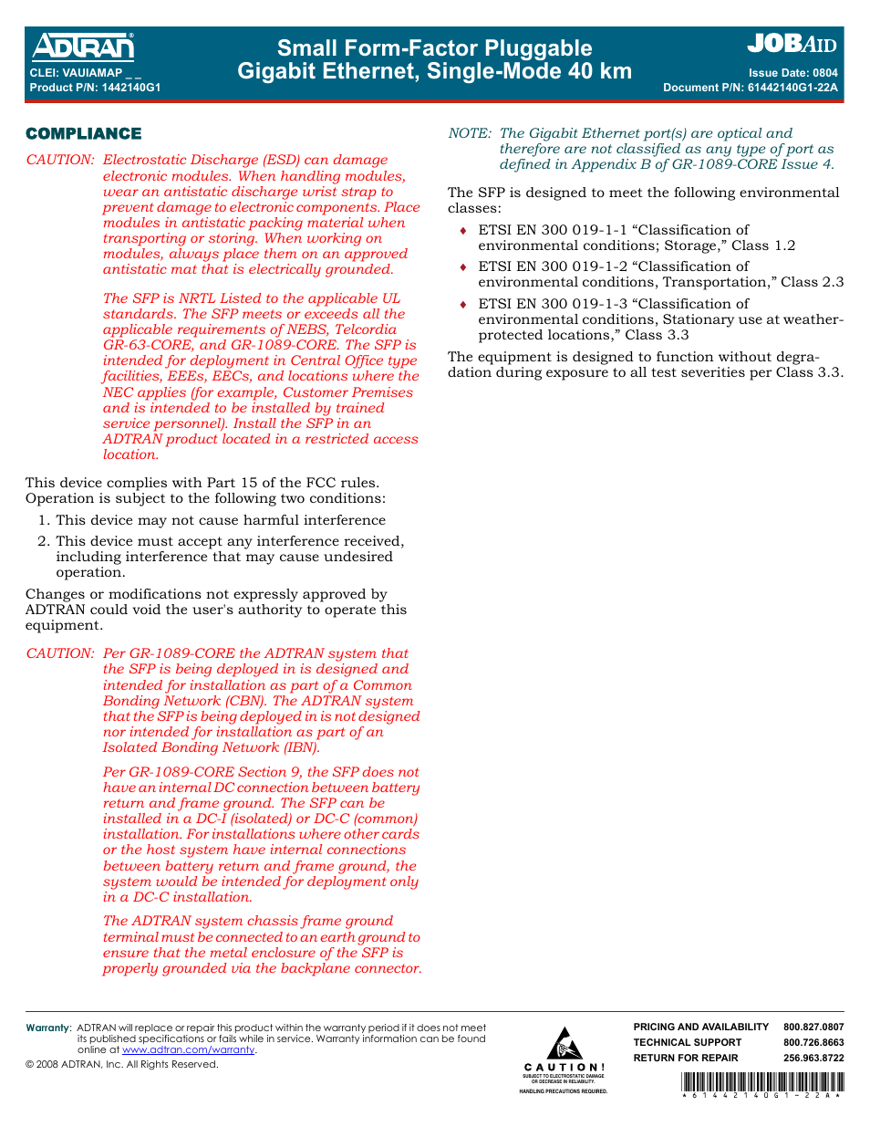 ADTRAN Gigabit Ethernet Multi-Mode Fiber Tributary Module 1184519L1 User Manual | Page 2 / 2