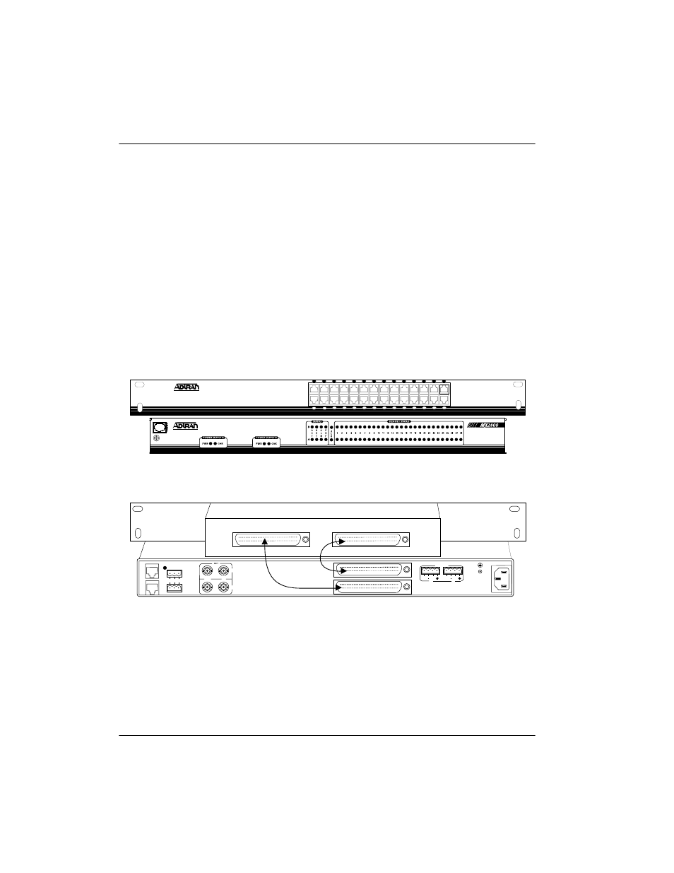 Connecting the breakout panel, Front view rear view, Champ connector and the breakout panel’s | Champ connector (see figure 2-2), Figure 2-2. the breakout panel, Cable 1 cable 2 | ADTRAN 4200659L1 User Manual | Page 36 / 192