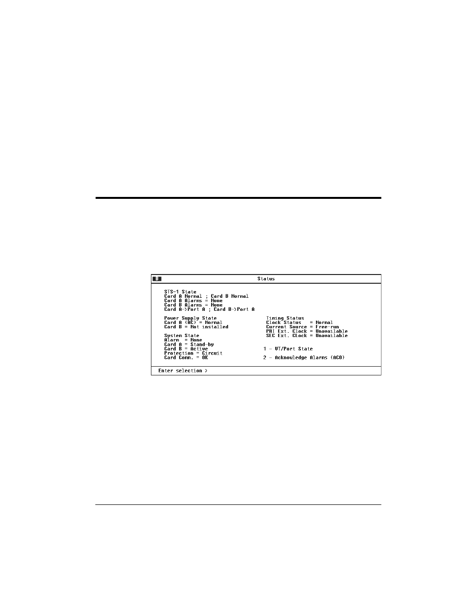 Chapter 4 status, Chapter 4. status, Figure 4-1 | Status menu -1, Chapter 4, status, Status, Chapter 4 | ADTRAN 4200659L1 User Manual | Page 91 / 192