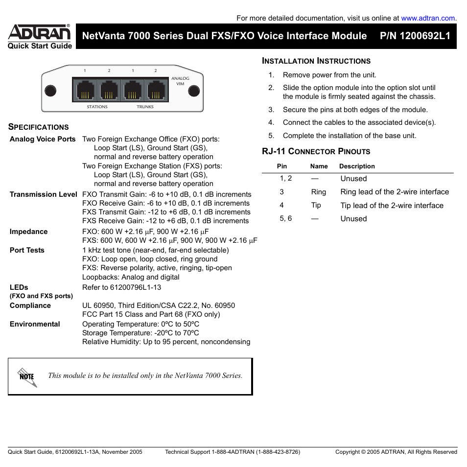 ADTRAN 7000 Series User Manual | 2 pages
