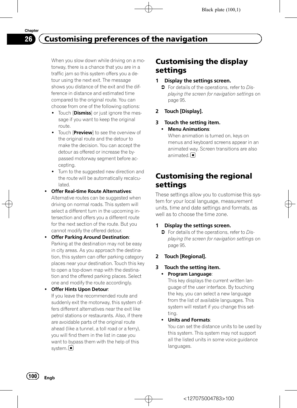 Customising the display settings, Customising the regional settings, Customising the regional | 26 customising preferences of the navigation | Pioneer AVIC-F550BT User Manual | Page 100 / 136