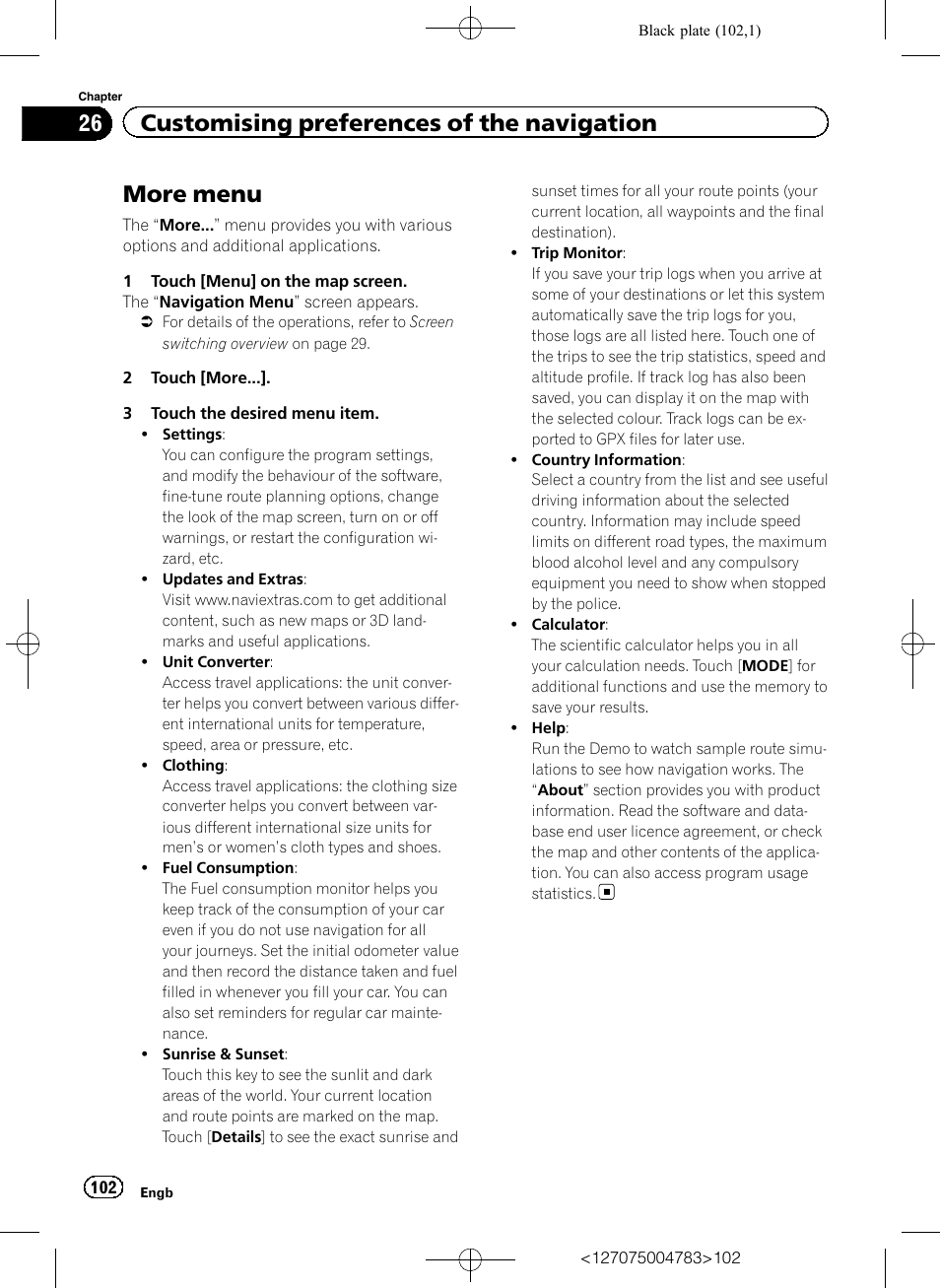 More menu, 26 customising preferences of the navigation | Pioneer AVIC-F550BT User Manual | Page 102 / 136