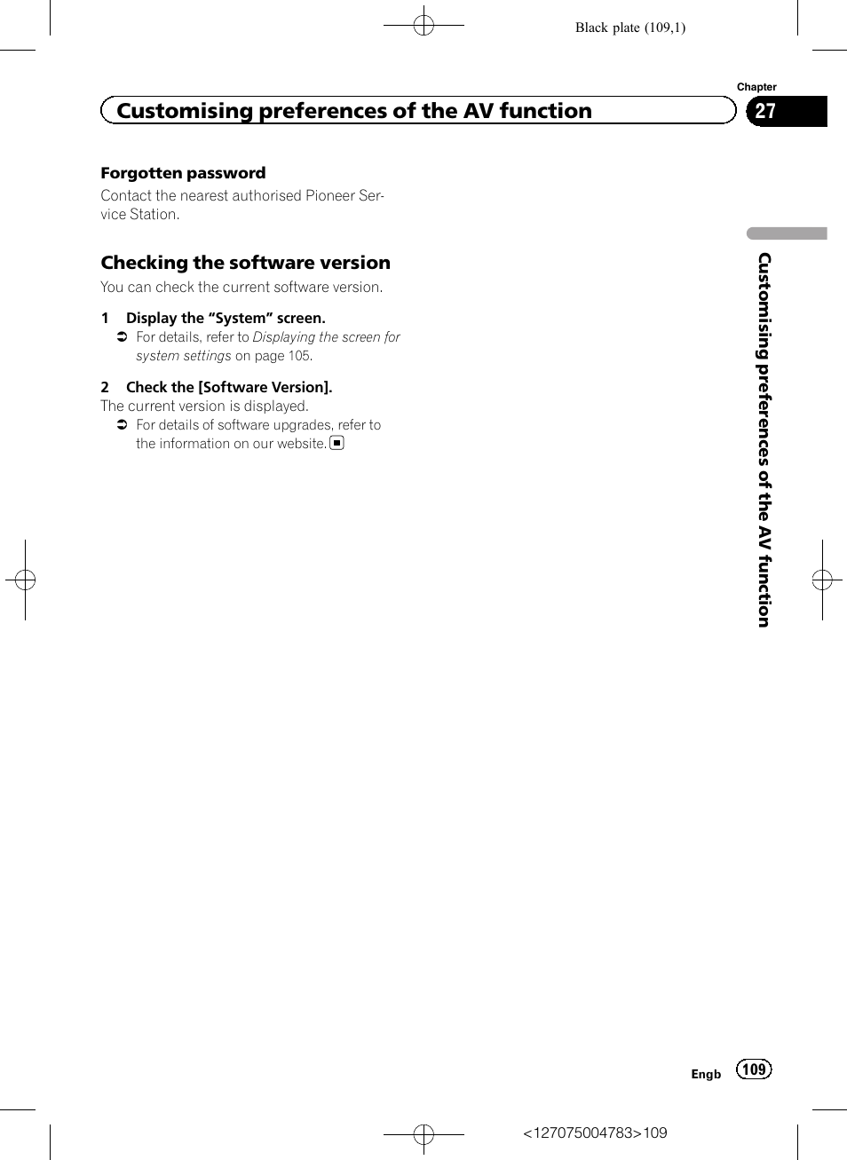 Checking the software version 109, Customising preferences of the av function | Pioneer AVIC-F550BT User Manual | Page 109 / 136