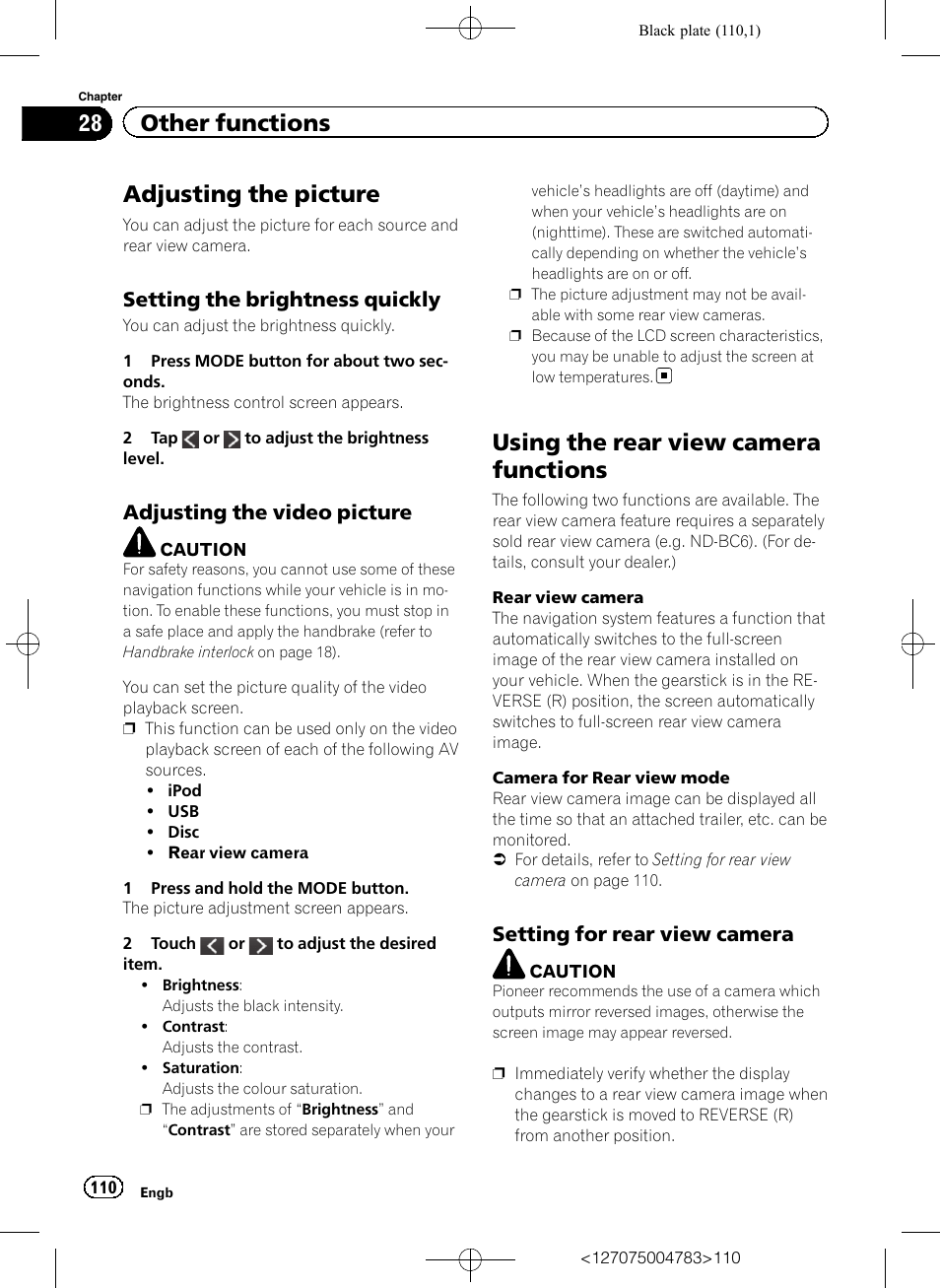 Other functions adjusting the picture, Setting the brightness quickly 110, Adjusting the video picture 110 | Using the rear view camera functions, Setting for rear view camera 110, Adjusting the picture, 28 other functions, Setting the brightness quickly, Adjusting the video picture, Setting for rear view camera | Pioneer AVIC-F550BT User Manual | Page 110 / 136