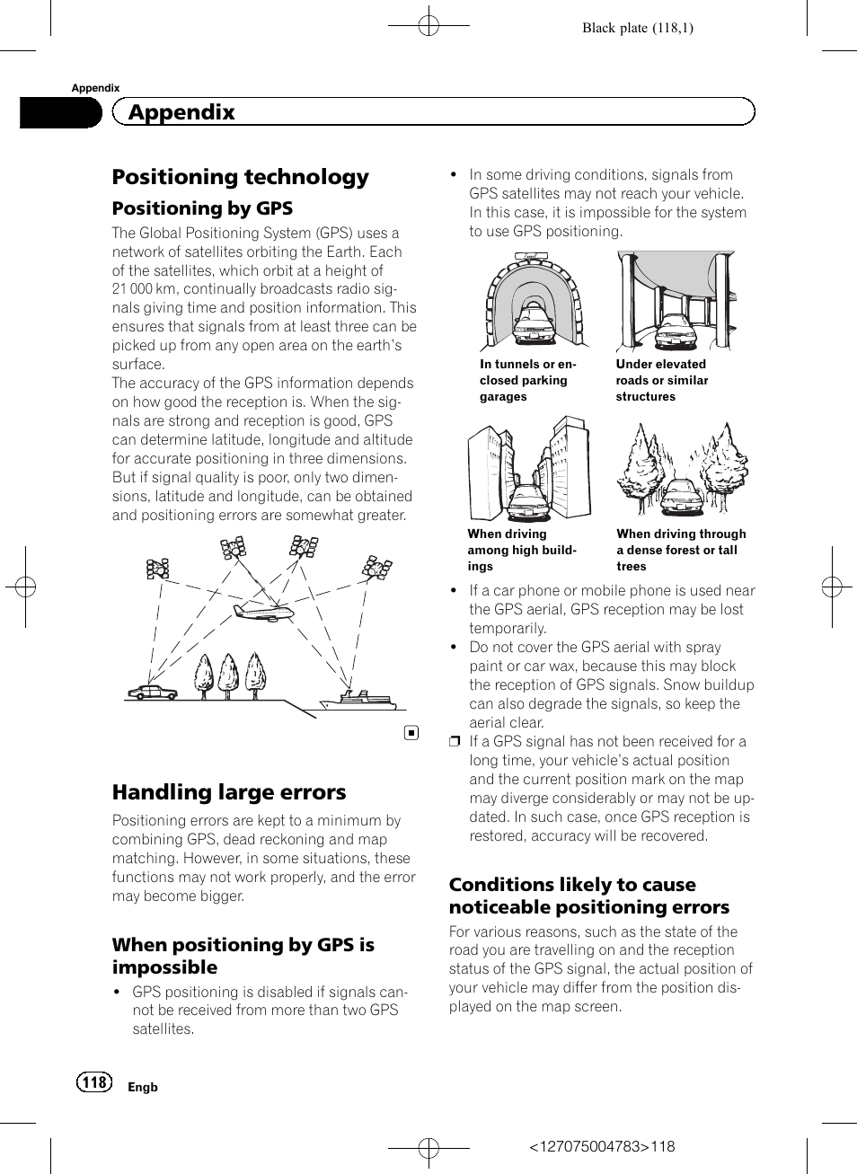 Positioning technology, Positioning by gps 118, Handling large errors | When positioning by gps is, Impossible, Conditions likely to cause noticeable, Positioning errors, Appendix, Positioning by gps, When positioning by gps is impossible | Pioneer AVIC-F550BT User Manual | Page 118 / 136