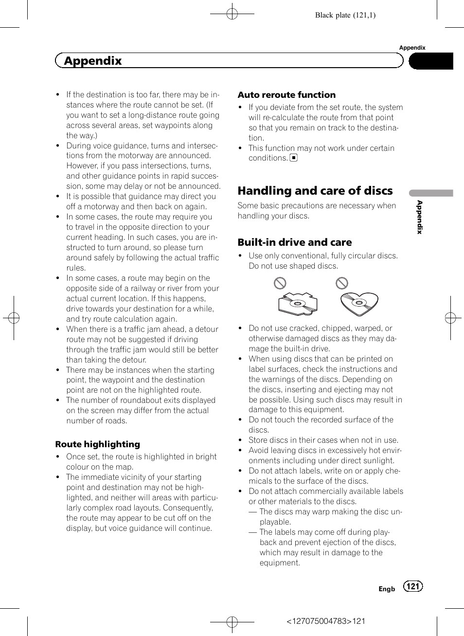 Handling and care of discs, Built-in drive and care 121, Appendix | Built-in drive and care | Pioneer AVIC-F550BT User Manual | Page 121 / 136