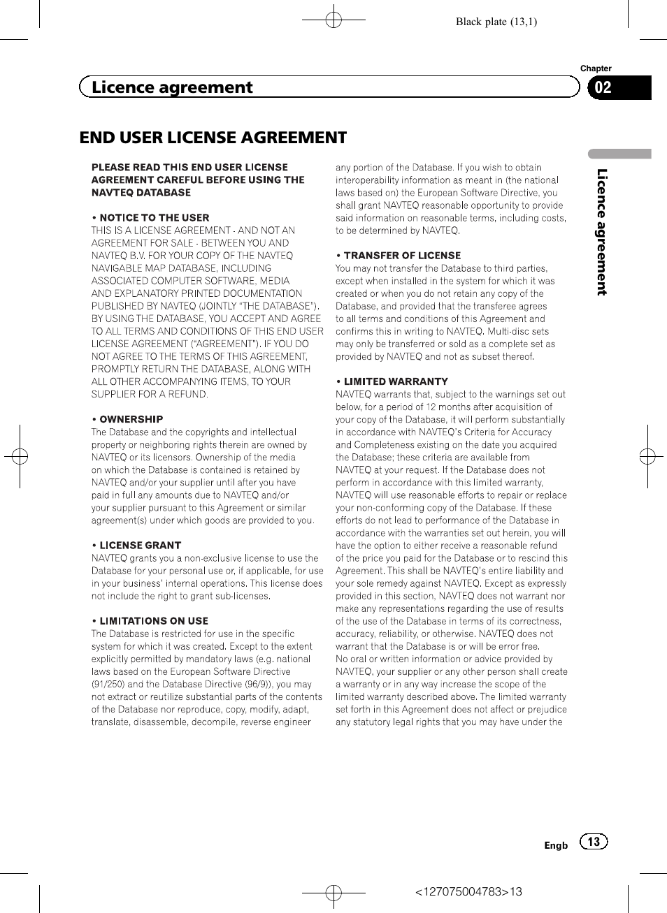 End user license agreement, Licence agreement | Pioneer AVIC-F550BT User Manual | Page 13 / 136