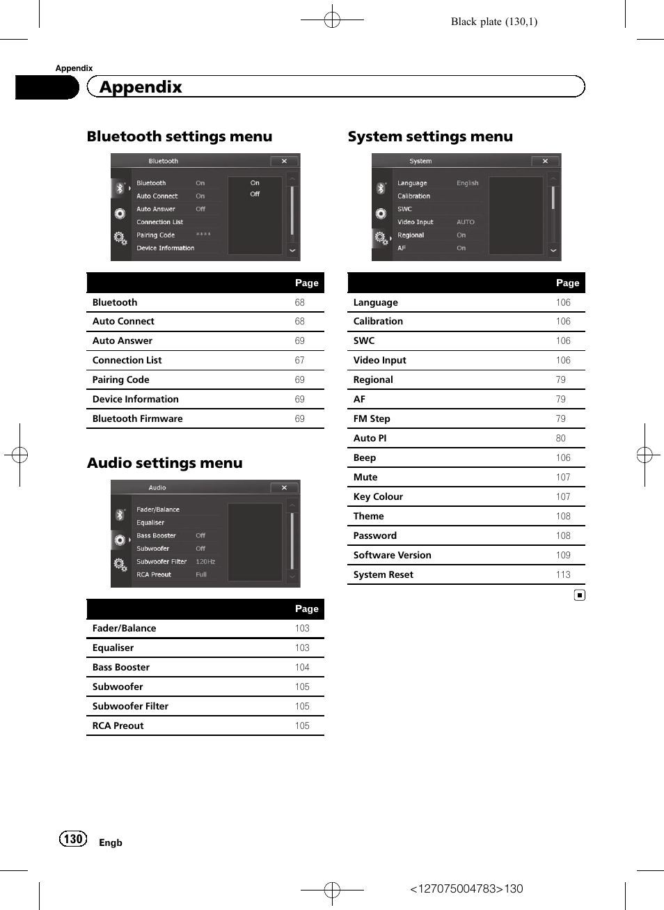 Bluetooth settings menu 130, Audio settings menu 130, System settings menu 130 | Appendix, Bluetooth settings menu, Audio settings menu, System settings menu | Pioneer AVIC-F550BT User Manual | Page 130 / 136