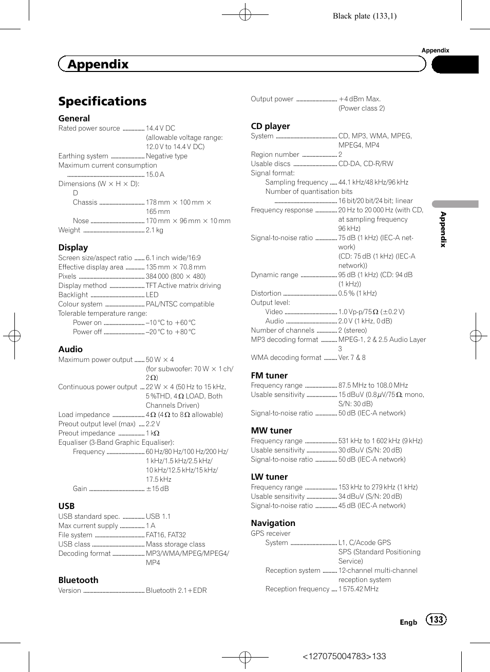 Specifications, Appendix | Pioneer AVIC-F550BT User Manual | Page 133 / 136