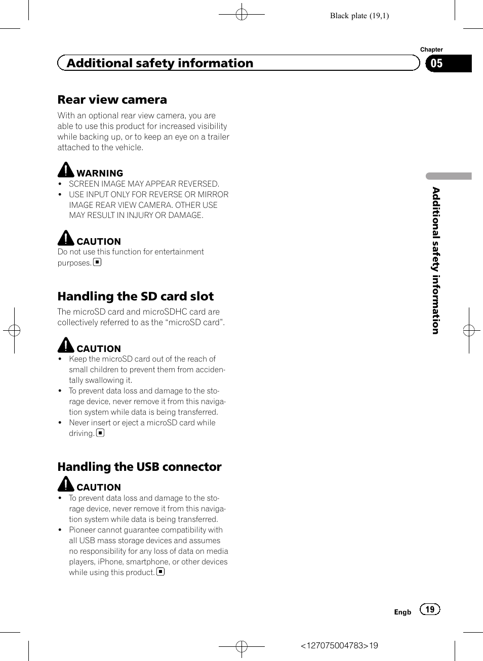 Rear view camera, Handling the sd card slot, Handling the usb connector | Additional safety information | Pioneer AVIC-F550BT User Manual | Page 19 / 136