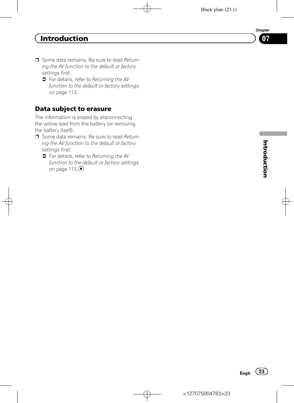 Data subject to erasure 23, Introduction | Pioneer AVIC-F550BT User Manual | Page 23 / 136