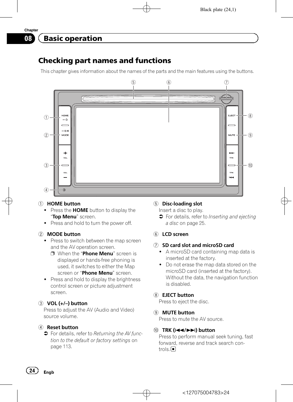 Basic operation checking part names and functions, Checking part names and functions, 08 basic operation | Pioneer AVIC-F550BT User Manual | Page 24 / 136