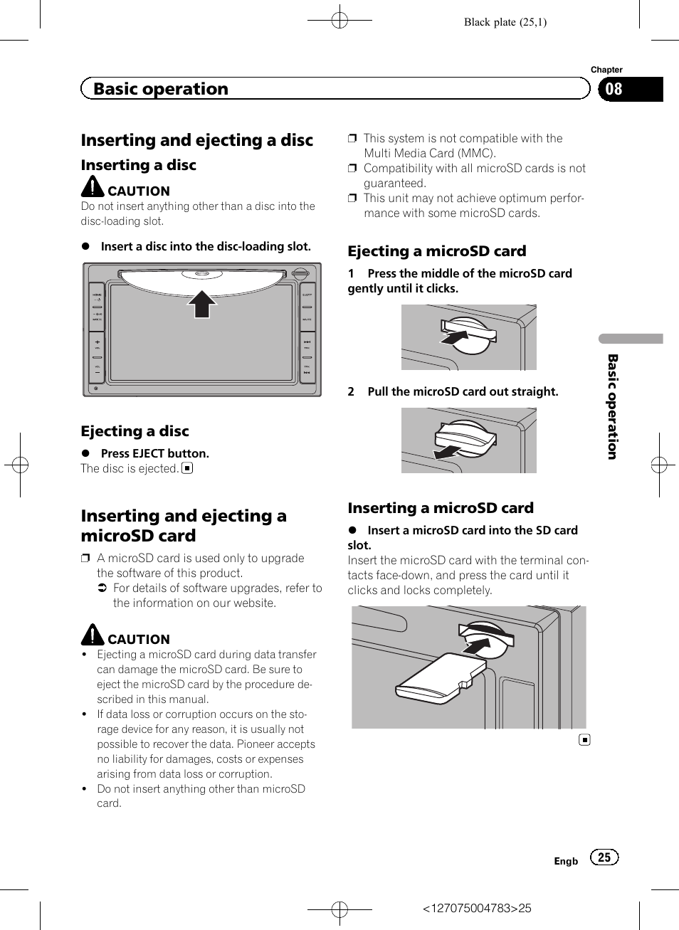 Inserting and ejecting a disc, Inserting a disc 25, Ejecting a disc 25 | Inserting and ejecting a microsd card, Ejecting a microsd card 25, Inserting a microsd card 25, Inserting and ejecting, Basic operation | Pioneer AVIC-F550BT User Manual | Page 25 / 136
