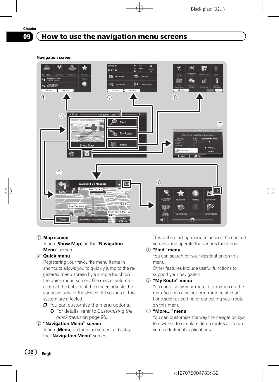 How to use the navigation menu screens, 09 how to use the navigation menu screens | Pioneer AVIC-F550BT User Manual | Page 32 / 136