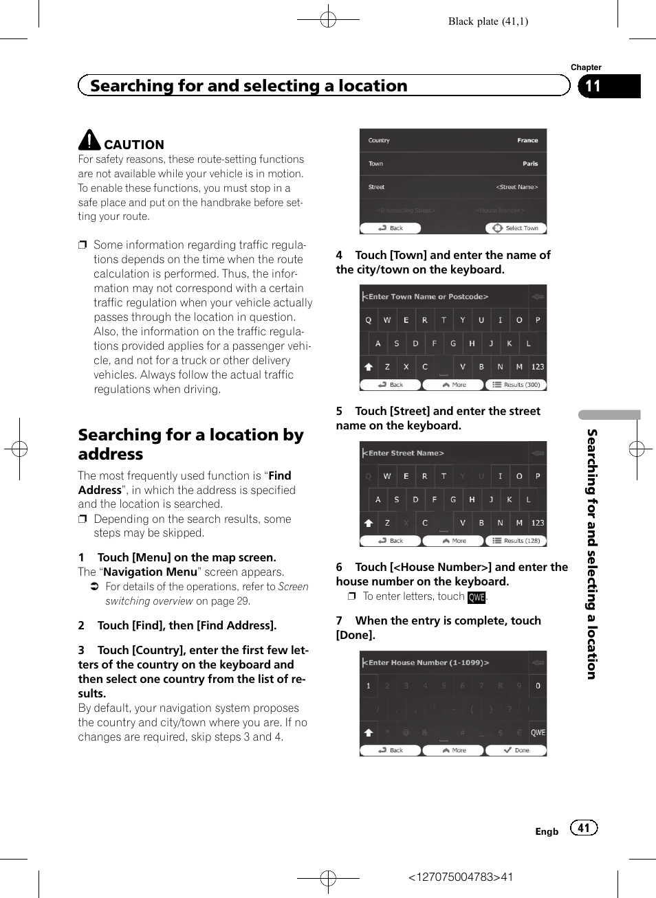 Searching for a location by address, Searching for and selecting a location | Pioneer AVIC-F550BT User Manual | Page 41 / 136