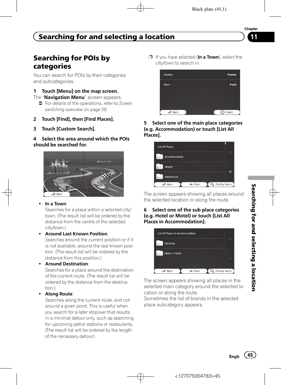 Searching for pois by categories, Searching for and selecting a location | Pioneer AVIC-F550BT User Manual | Page 45 / 136