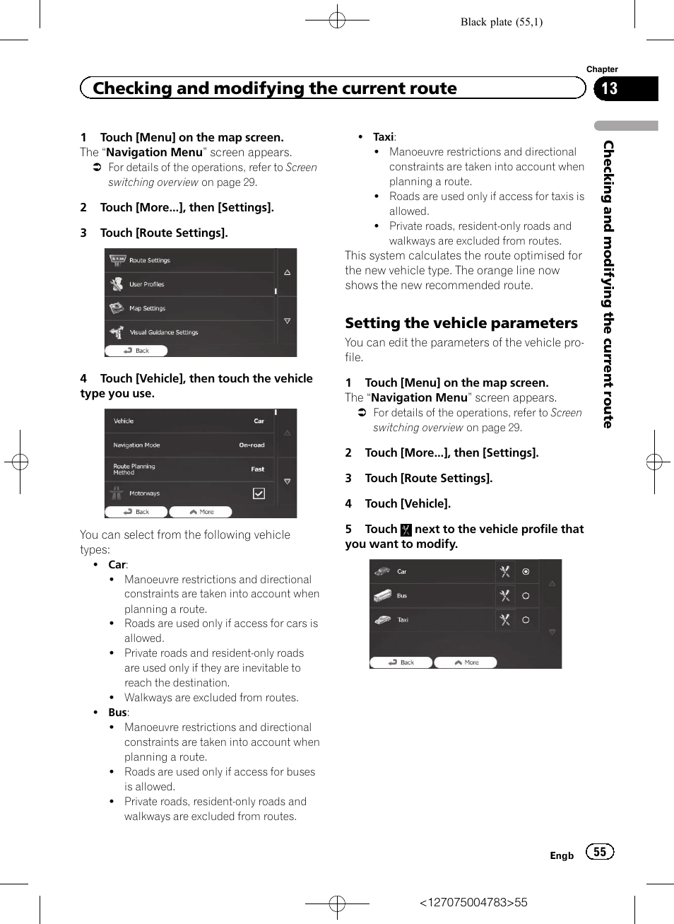 Setting the vehicle parameters 55, Setting the vehicle, Checking and modifying the current route | Setting the vehicle parameters | Pioneer AVIC-F550BT User Manual | Page 55 / 136