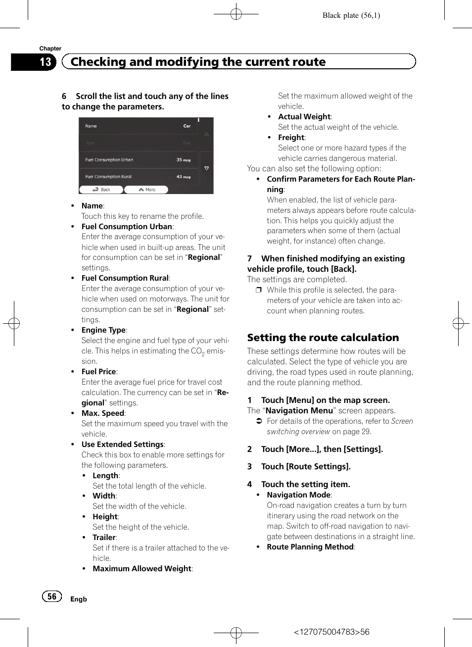 Setting the route calculation 56, 13 checking and modifying the current route, Setting the route calculation | Pioneer AVIC-F550BT User Manual | Page 56 / 136