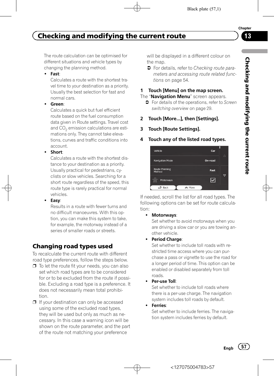 Changing road types used 57, Checking and modifying the current route, Changing road types used | Pioneer AVIC-F550BT User Manual | Page 57 / 136