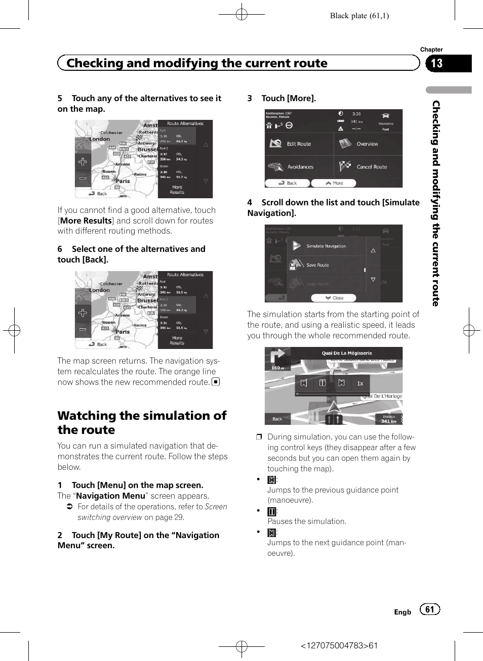 Watching the simulation of the route, Checking and modifying the current route | Pioneer AVIC-F550BT User Manual | Page 61 / 136