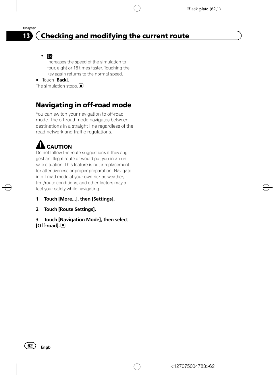Navigating in off-road mode, 13 checking and modifying the current route | Pioneer AVIC-F550BT User Manual | Page 62 / 136
