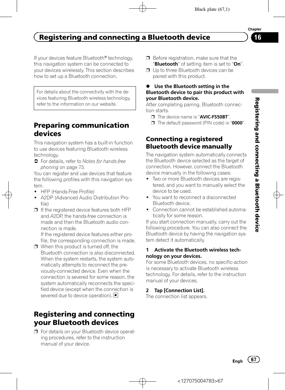 Registering and connecting your bluetooth, Devices, Connecting a registered bluetooth | Device manually, Preparing communication devices, Registering and connecting your bluetooth devices, Registering and connecting a bluetooth device, Connecting a registered bluetooth device manually | Pioneer AVIC-F550BT User Manual | Page 67 / 136