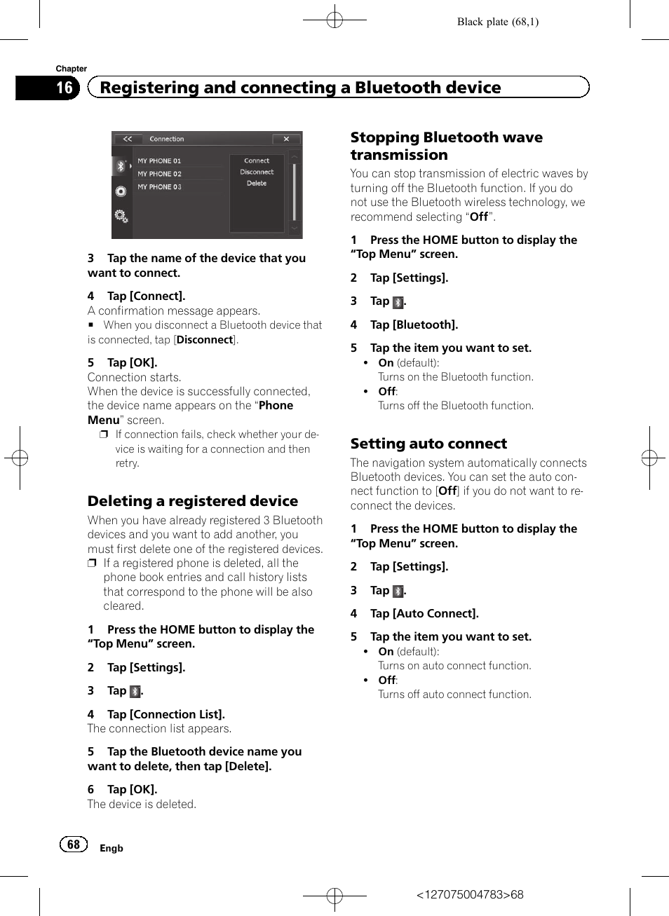 Deleting a registered device 68, Stopping bluetooth wave, Transmission | Setting auto connect 68, 16 registering and connecting a bluetooth device, Deleting a registered device, Stopping bluetooth wave transmission, Setting auto connect | Pioneer AVIC-F550BT User Manual | Page 68 / 136