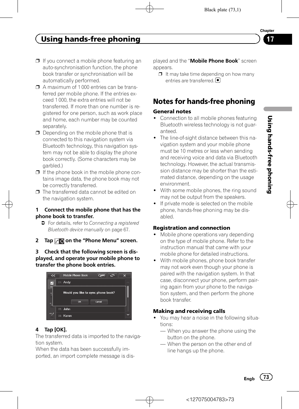 Notes for hands-free phoning, Using hands-free phoning | Pioneer AVIC-F550BT User Manual | Page 73 / 136