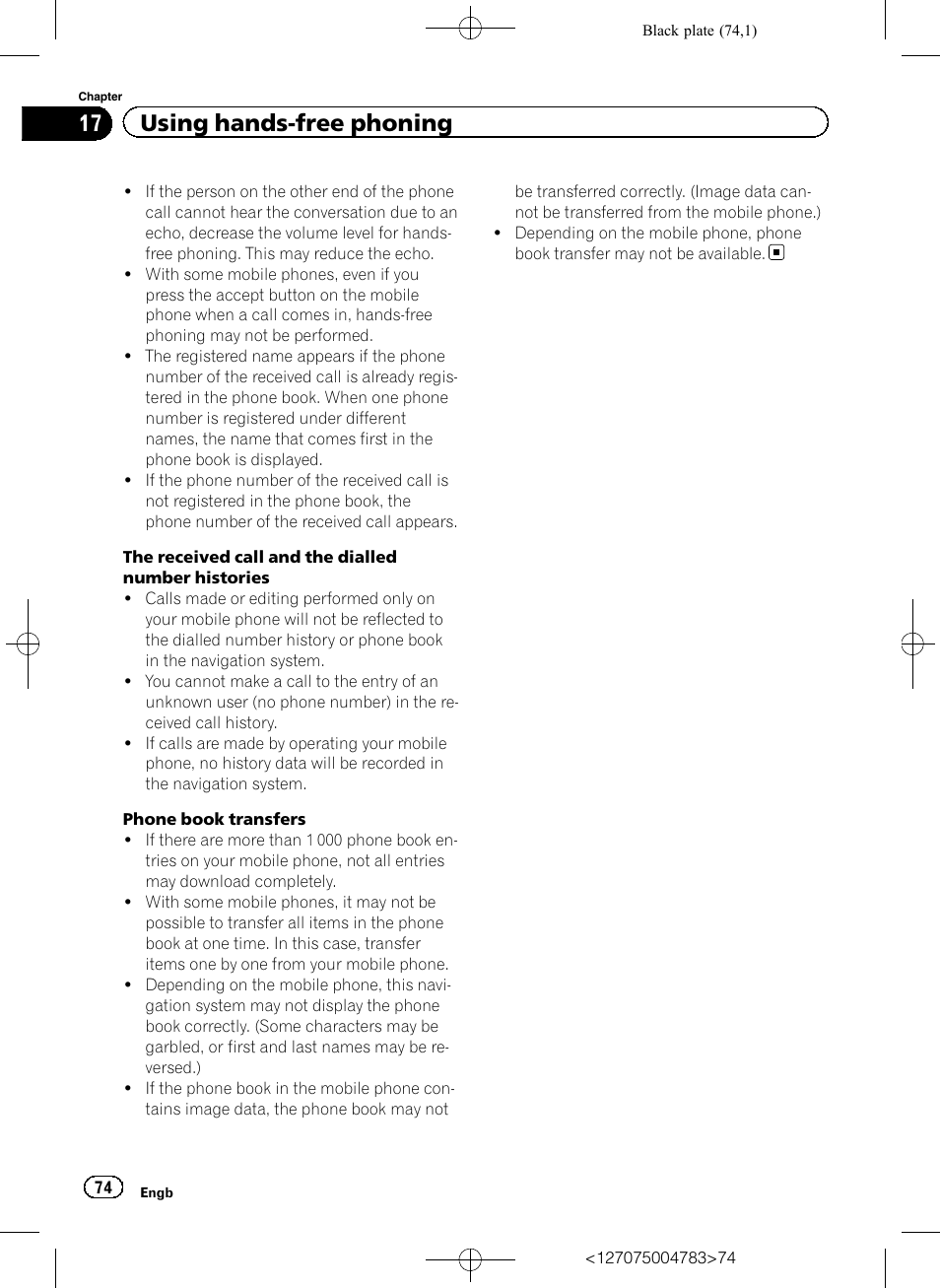 17 using hands-free phoning | Pioneer AVIC-F550BT User Manual | Page 74 / 136