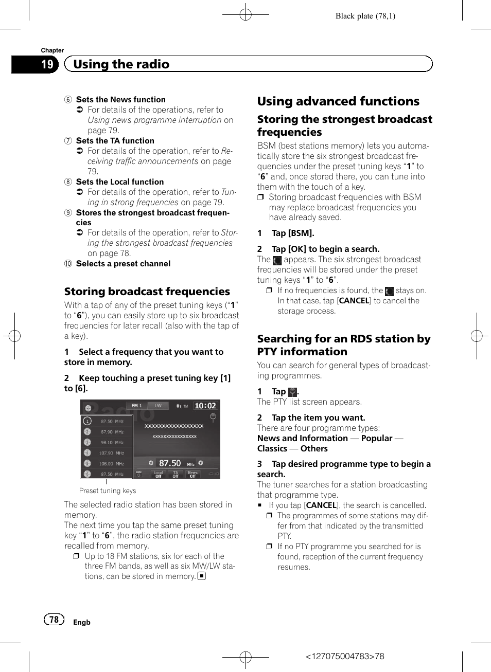 Storing broadcast frequencies 78, Using advanced functions, Storing the strongest broadcast | Frequencies, Searching for an rds station by pty, Information, Searching for an rds, 19 using the radio, Storing broadcast frequencies, Storing the strongest broadcast frequencies | Pioneer AVIC-F550BT User Manual | Page 78 / 136