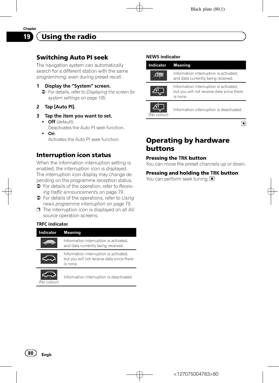 Switching auto pi seek 80, Interruption icon status 80, Operating by hardware buttons | 19 using the radio, Switching auto pi seek, Interruption icon status | Pioneer AVIC-F550BT User Manual | Page 80 / 136