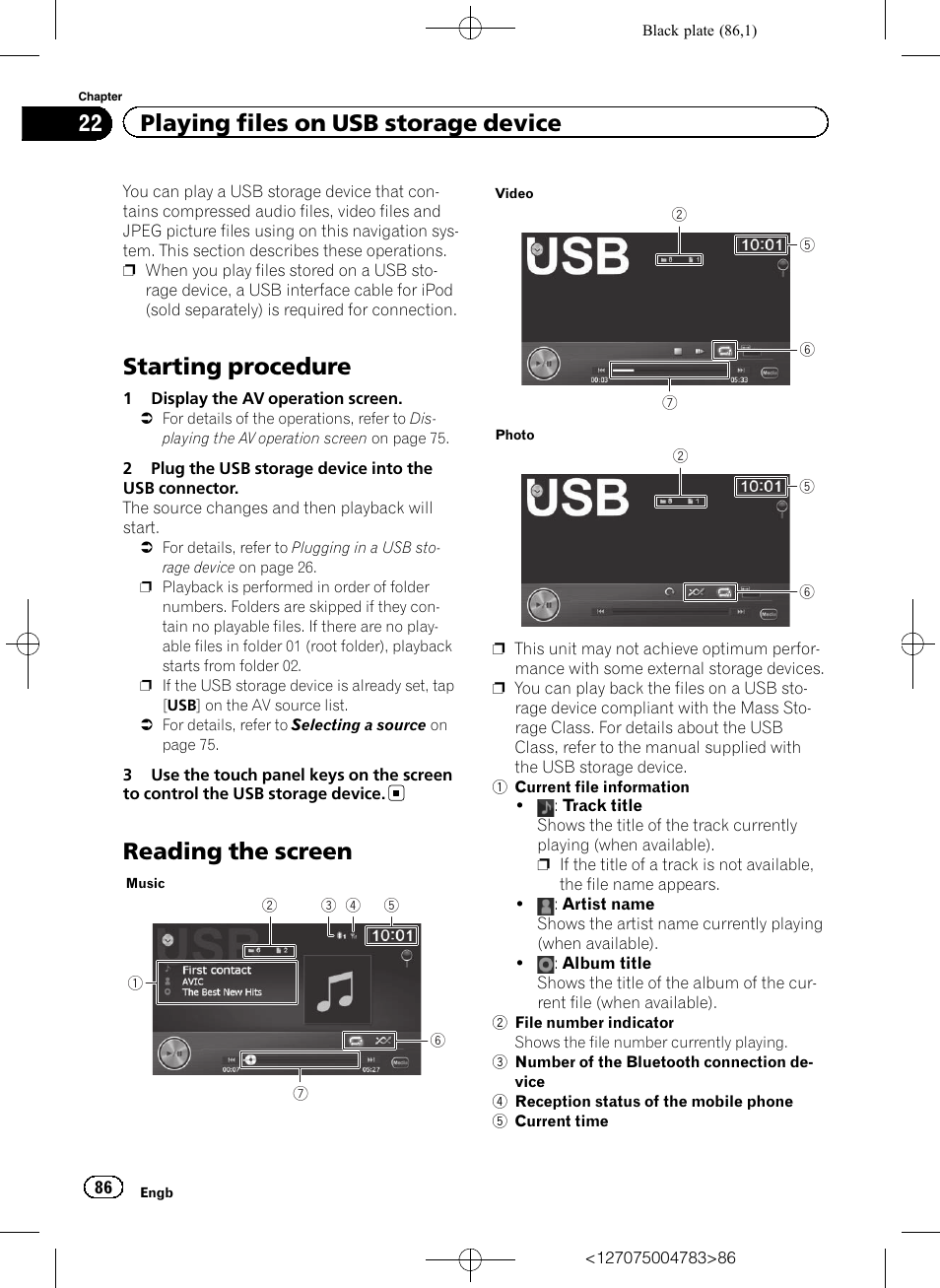 Reading the screen, Starting procedure, 22 playing files on usb storage device | Pioneer AVIC-F550BT User Manual | Page 86 / 136
