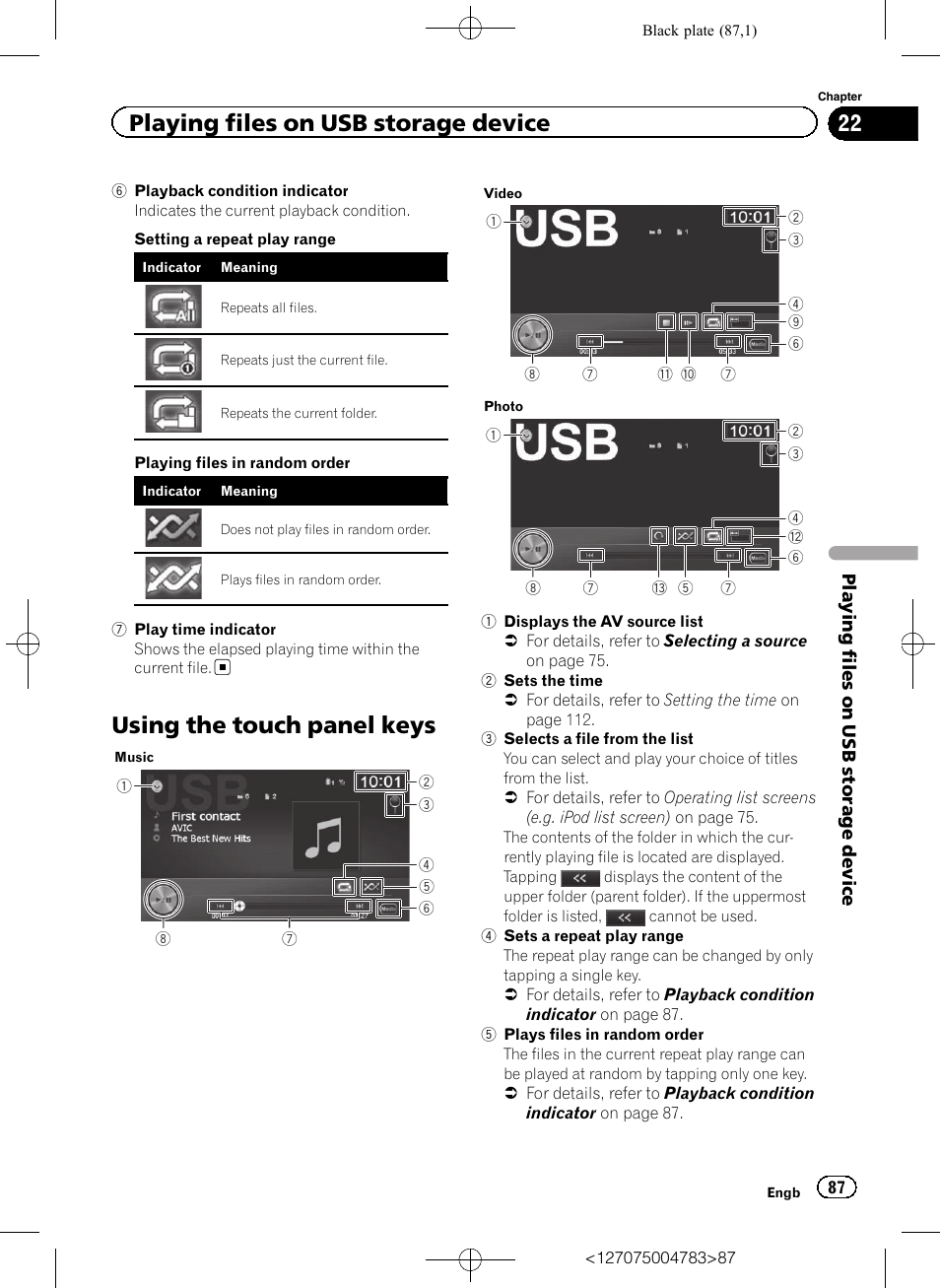 Using the touch panel keys, Playing files on usb storage device | Pioneer AVIC-F550BT User Manual | Page 87 / 136
