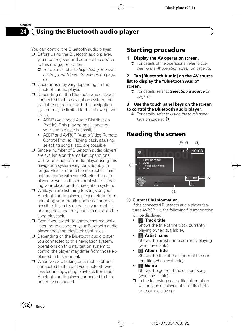 Reading the screen, Starting procedure, 24 using the bluetooth audio player | Pioneer AVIC-F550BT User Manual | Page 92 / 136