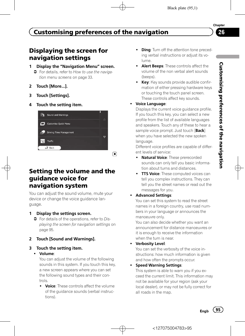 Settings, Setting the volume and the guidance voice, For navigation system | Setting the volume and, Displaying the screen for navigation settings, Customising preferences of the navigation | Pioneer AVIC-F550BT User Manual | Page 95 / 136