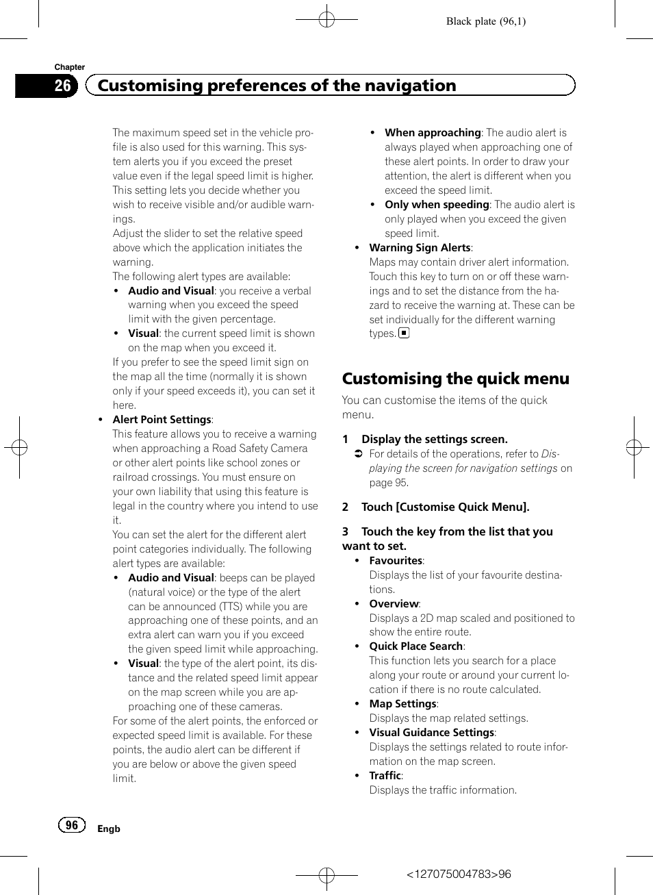 Customising the quick menu, Customising the quick, 26 customising preferences of the navigation | Pioneer AVIC-F550BT User Manual | Page 96 / 136