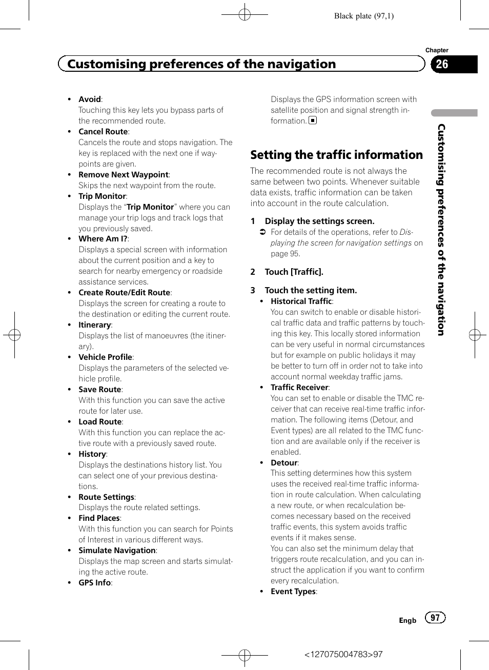 Setting the traffic information, Customising preferences of the navigation | Pioneer AVIC-F550BT User Manual | Page 97 / 136