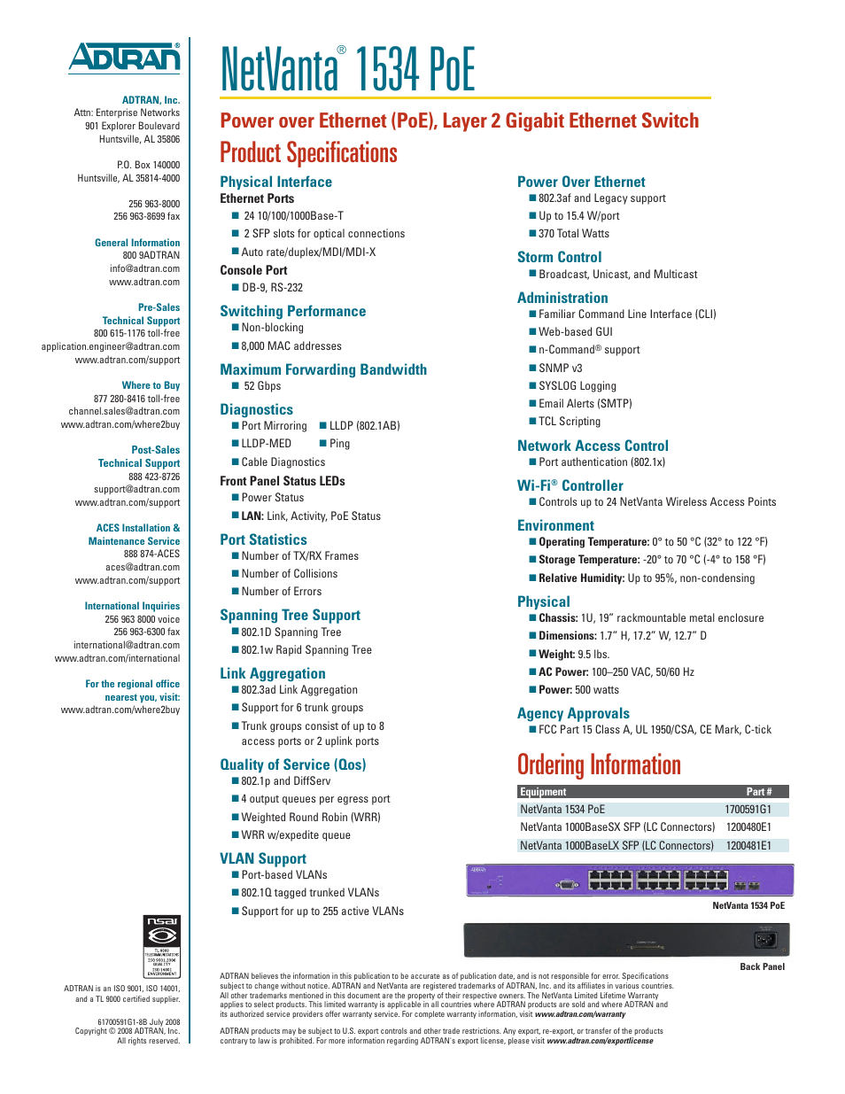 Netvanta, 1534 poe, Product specifications | Ordering information, Physical interface, Switching performance, Maximum forwarding bandwidth, Diagnostics, Port statistics, Spanning tree support | ADTRAN NetVanta 1534 PoE User Manual | Page 2 / 2