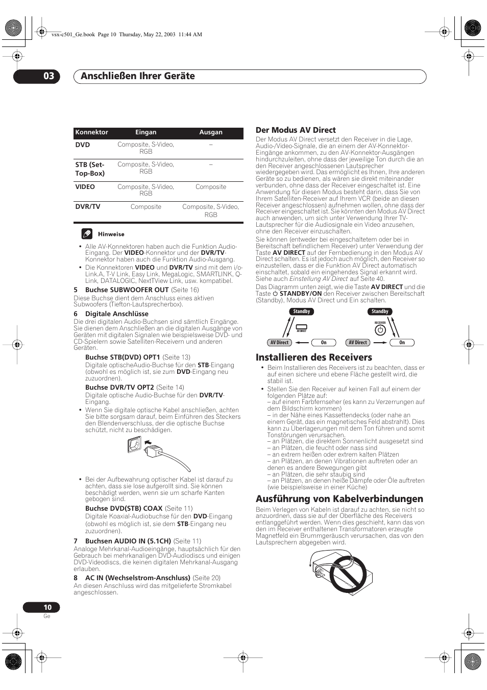 Der modus av direct, Installieren des receivers, Ausführung von kabelverbindungen | Anschließen ihrer geräte 03 | Pioneer VSX-C501-S User Manual | Page 10 / 108
