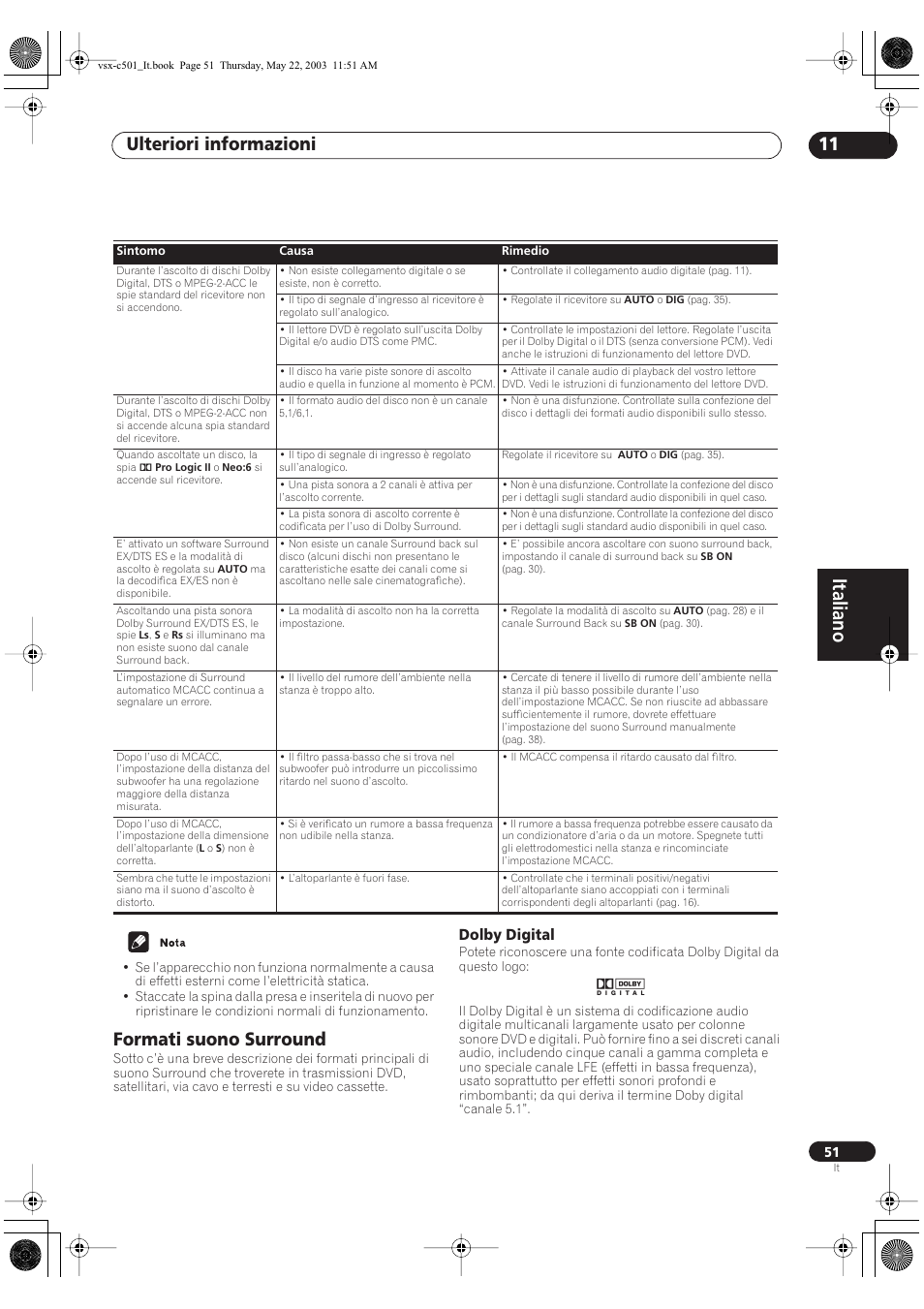 Italiano, Ulteriori informazioni 11, Formati suono surround | Dolby digital | Pioneer VSX-C501-S User Manual | Page 103 / 108