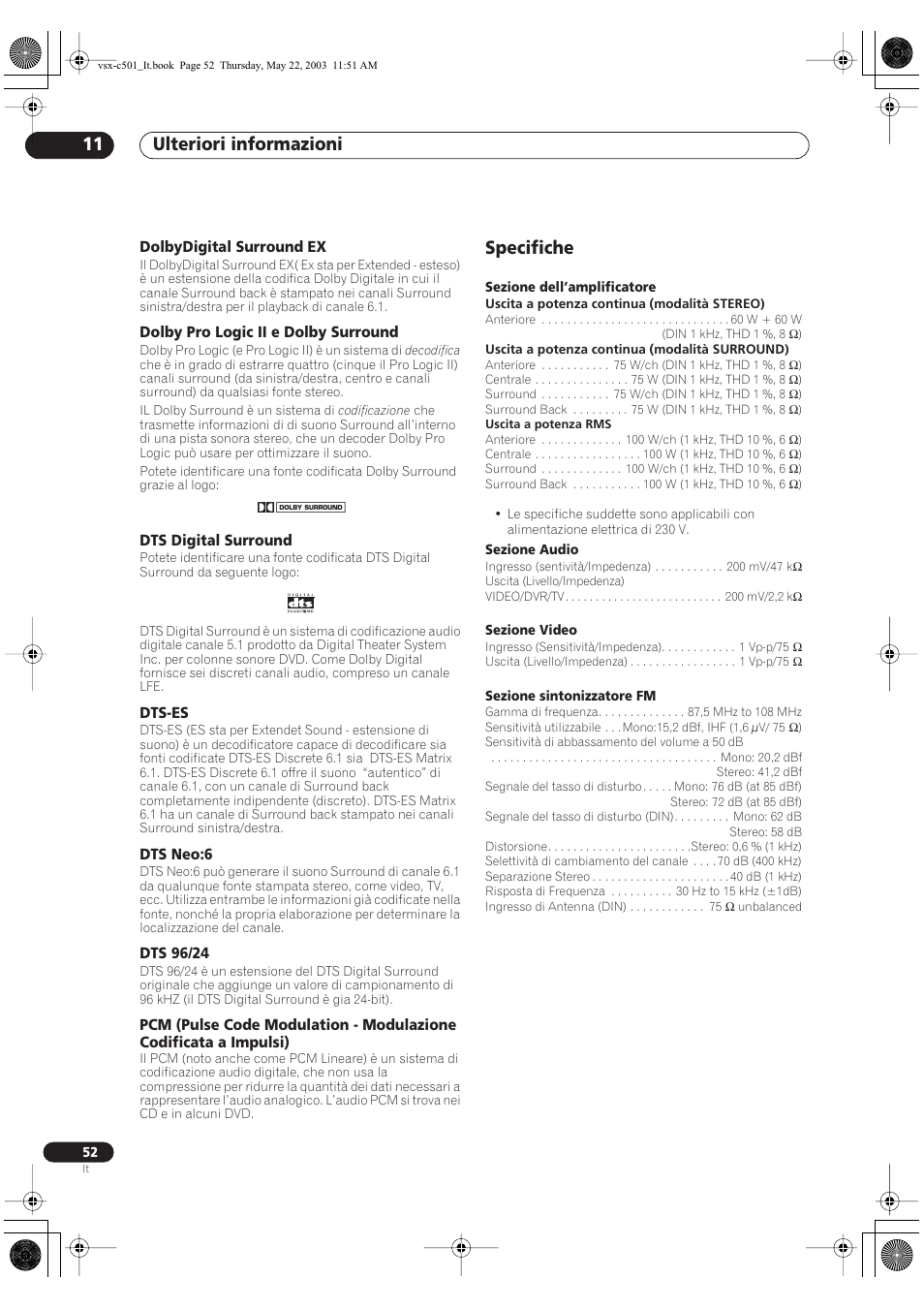 Ulteriori informazioni 11, Specifiche | Pioneer VSX-C501-S User Manual | Page 104 / 108