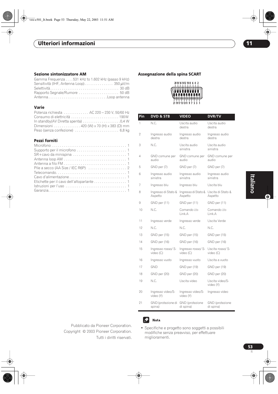 Italiano, Ulteriori informazioni 11 | Pioneer VSX-C501-S User Manual | Page 105 / 108