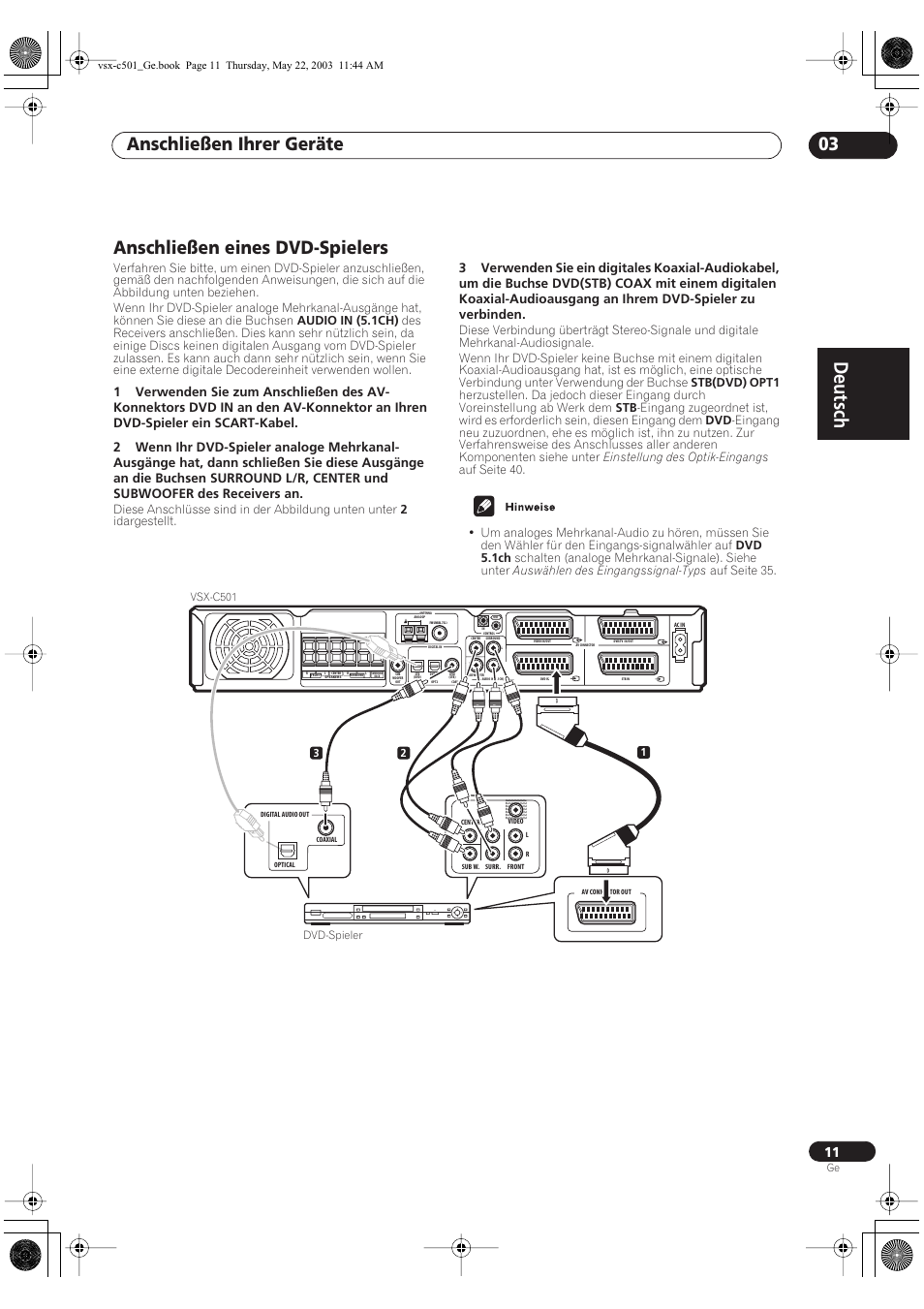 Anschließen eines dvd-spielers, Deutsch, Anschließen ihrer geräte 03 | Pioneer VSX-C501-S User Manual | Page 11 / 108
