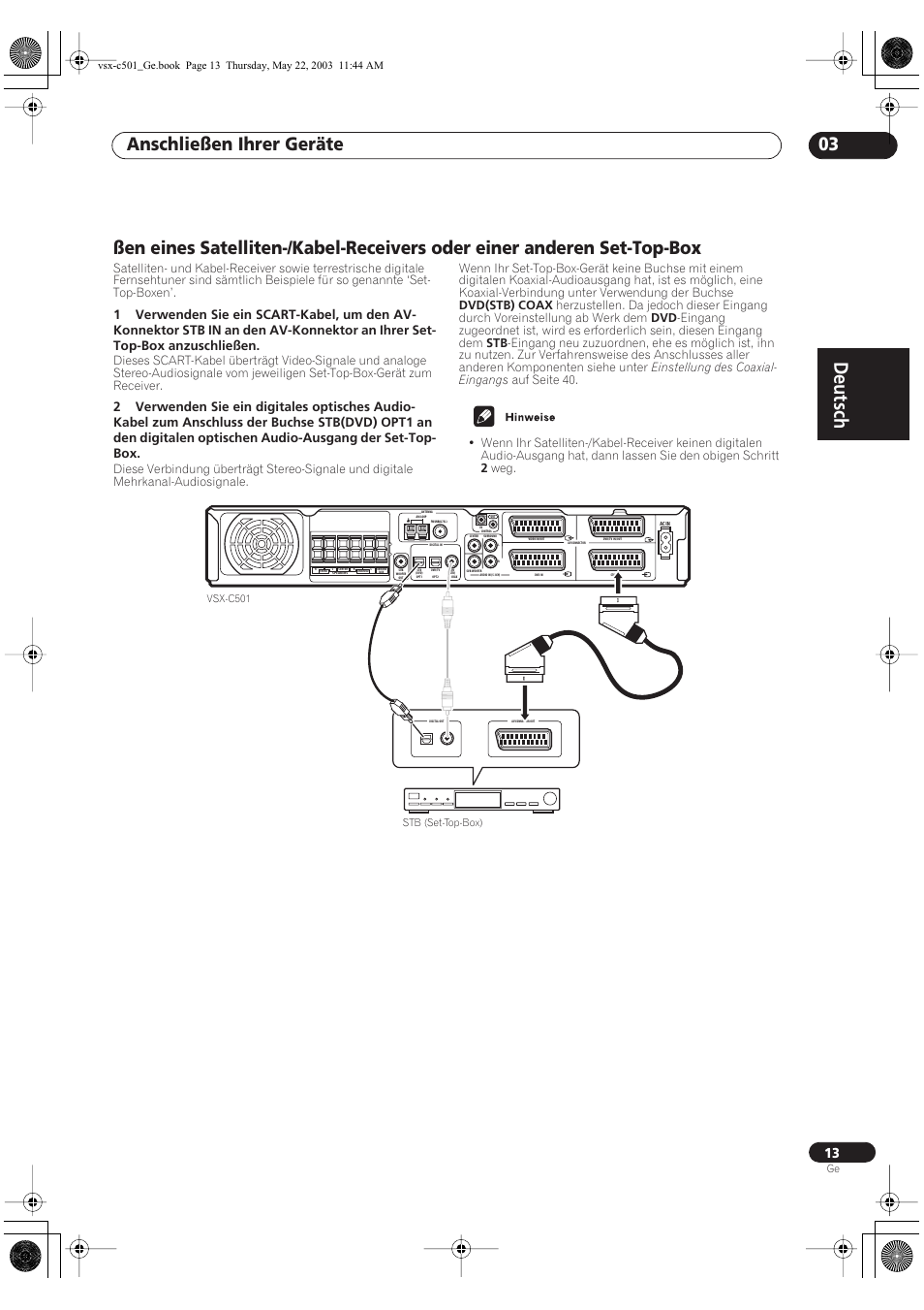 Deutsch, Anschließen ihrer geräte 03 | Pioneer VSX-C501-S User Manual | Page 13 / 108